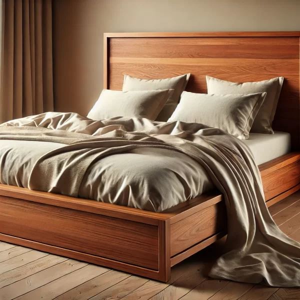 DALL·E 2024-10-25 18.08.35 - A luxurious wooden double bed with a rich, natural finish, crafted from high-quality hardwood. The bed features a solid, minimalist headboard with sub
